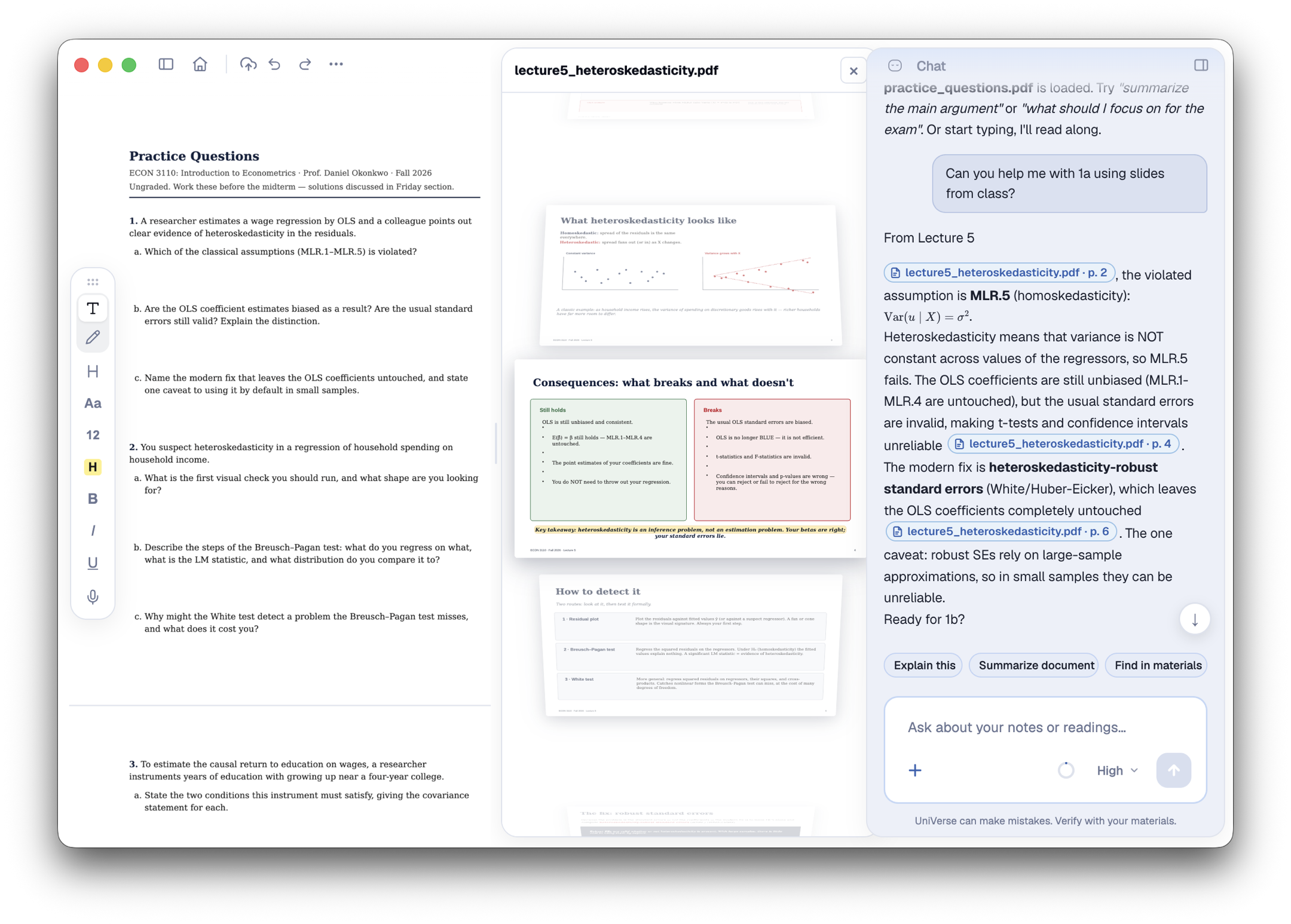 The three panes side by side. On the left, a practice-questions sheet for ECON 3110. In the middle, lecture5_heteroskedasticity.pdf open at the slide. On the right, the chat answering the student's question with citation pills that point at pages 2, 4 and 6 of that lecture.