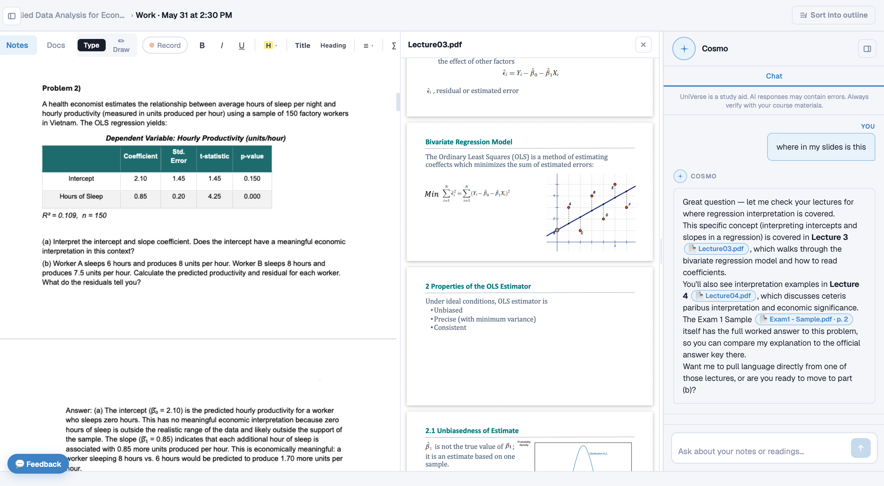UniVerse in action — notes pane on the left, lecture PDF in the middle, Cosmo on the right answering 'where in my slides is this' with pill citations back to the source files